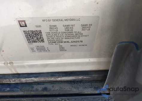 2020 Chevrolet Traverse Awd Lt Leather z USA, uszkodzony, nr VIN 1GNEVHKW4LJ242576